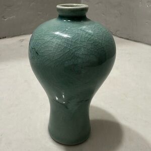 Vintage Green Blue Korean Celadon  Flying Flock Of Cranes Crackle Vase 5”Signed